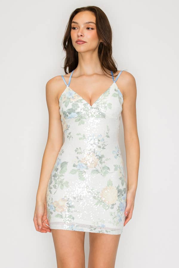 Floral Sequin Crossed Back Mini Dress