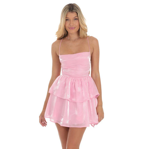 Shimmer Lace Up Dress in Pink — view 5