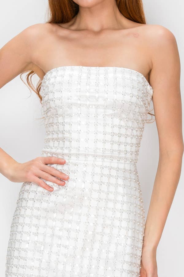 Strapless Beaded Lace Up Mini Dress