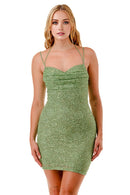 Sequin Beaded Floral Cowl Halter Mini Dress
