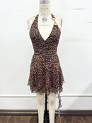 Leopard Mesh Halter Ruffle Mini Dress