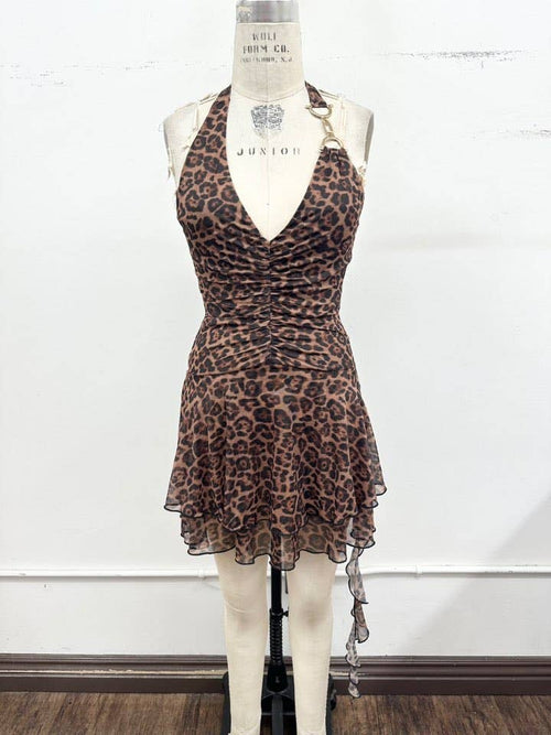 Leopard Mesh Halter Ruffle Mini Dress