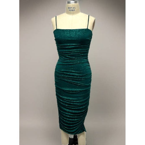 Plus Size Glitter Square Neckline Ruched Bodycon Side Slit Midi Dress