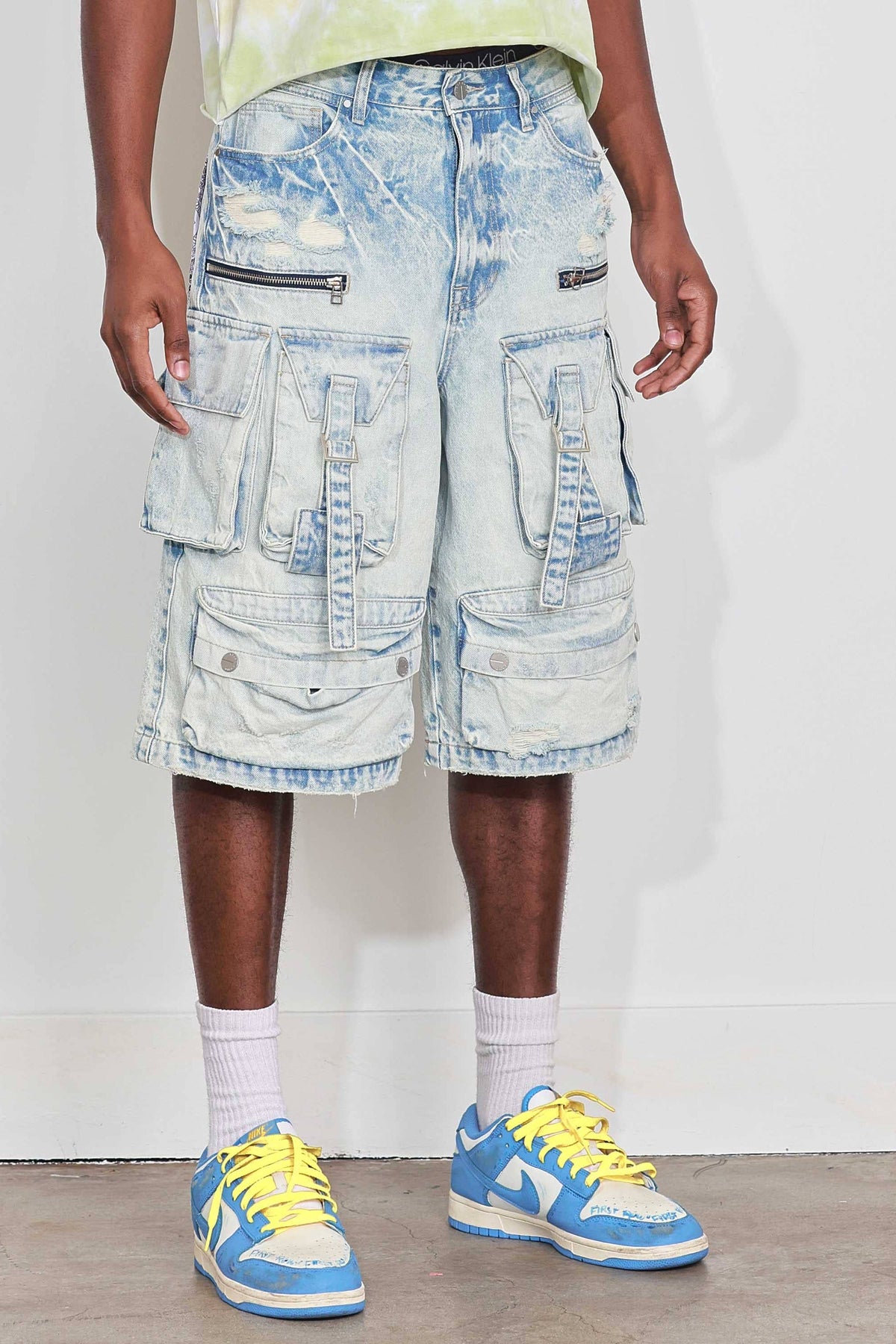 Washed Multi Cargo Denim Jorts - view 7