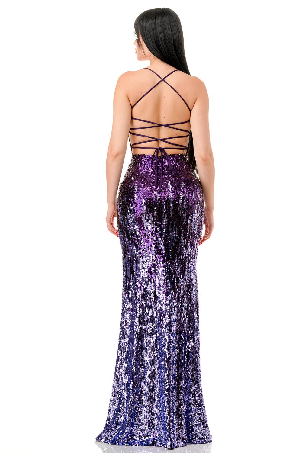 Sequined Lace Up Back High Slit Maxi Dress - view 9