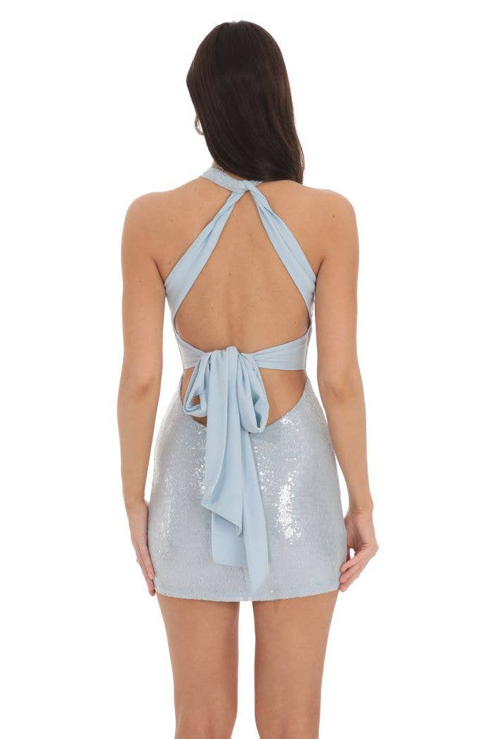 Sequin Twist V-Neck Bodycon Dress in Sky Blue - view 2