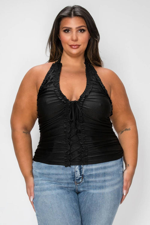 Knit Ruffle Ruched Lace-Up Halter Top