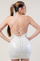 Slinky Foiled Cowl Neck Lace Back Mini Dress — view 4