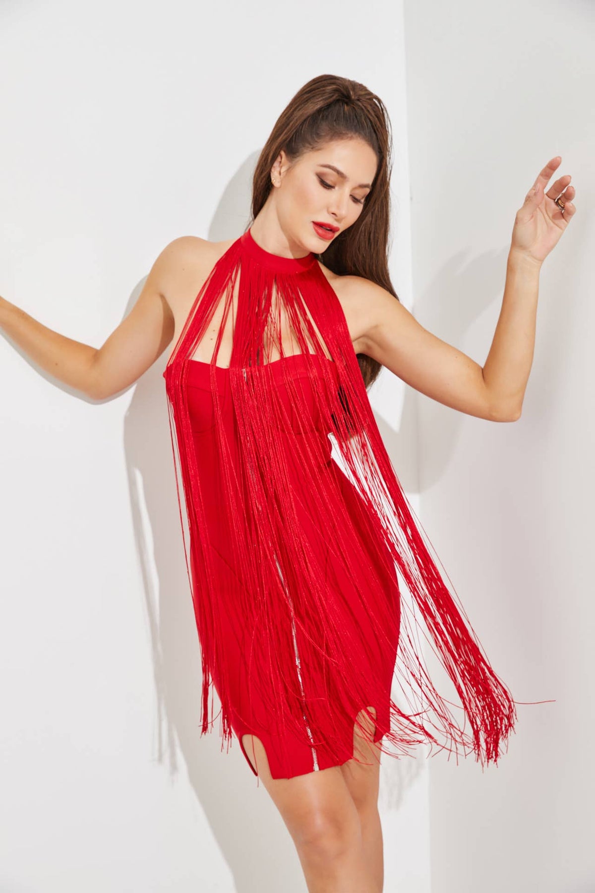 Bandage tube mini dress with fringe choker — view 8