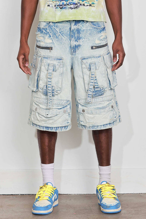 Washed Multi Cargo Denim Jorts