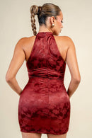 Floral Jacquard Mandarin Collar Halter Mini Dress — view 3