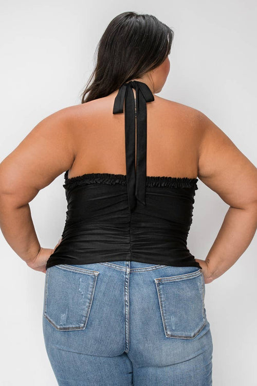Knit Ruffle Ruched Lace-Up Halter Top — view 4