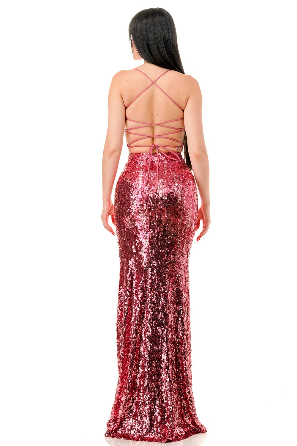 Sequined Lace Up Back High Slit Maxi Dress — view 4