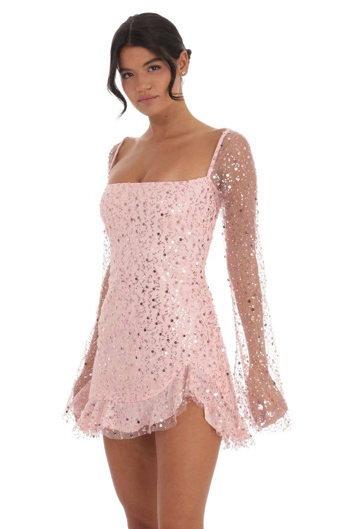 Floral Flare Long Sleeve Dress In Pink