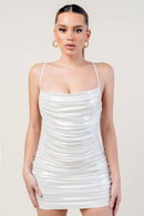 Slinky Foiled Cowl Neck Lace Back Mini Dress — view 2
