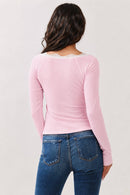 Ribbed Henley Scoop Neck Lace-Trim Long Sleeve Top — view 7