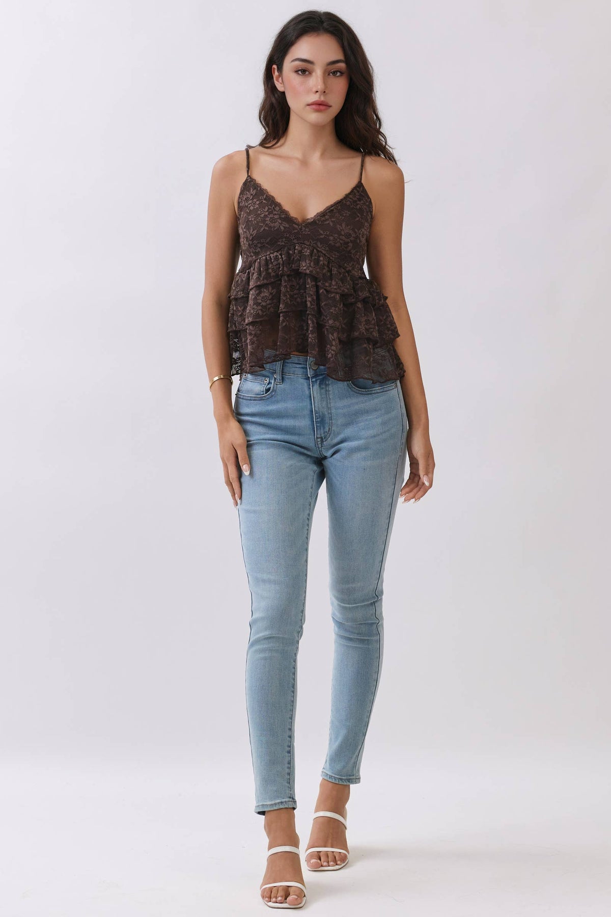 Plunging Tiered Lace Babydoll Cami Top
