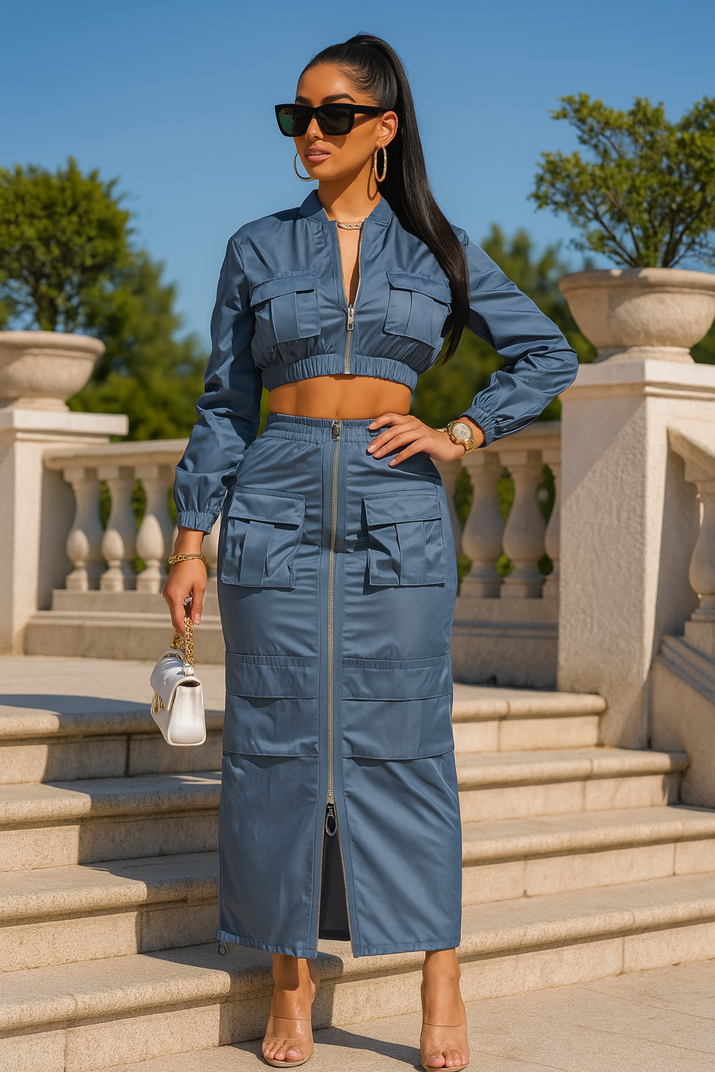 Drawstring Ruched Cargo Midi Skirt Set