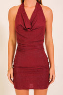 Shimmer Knit Cowl Halter Mini Dress
