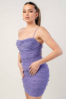 Pearl Mesh Ruched Sleeveless Bodycon Mini Dress