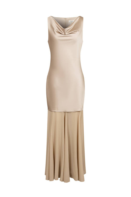 Cowl Neck Satin Chiffon Maxi Dress