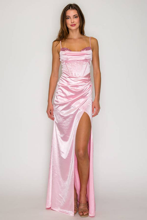 Sequin Ruched Cowl Satin Maxi — view 2