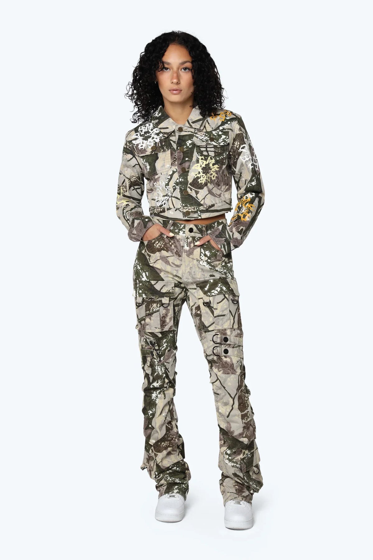 Smoke Rise High Rise Side Pinched Stacked Pants - Olive Hunting Camo