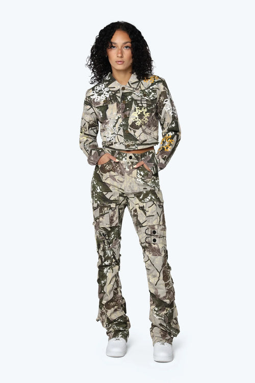 Smoke Rise High Rise Side Pinched Stacked Pants - Olive Hunting Camo