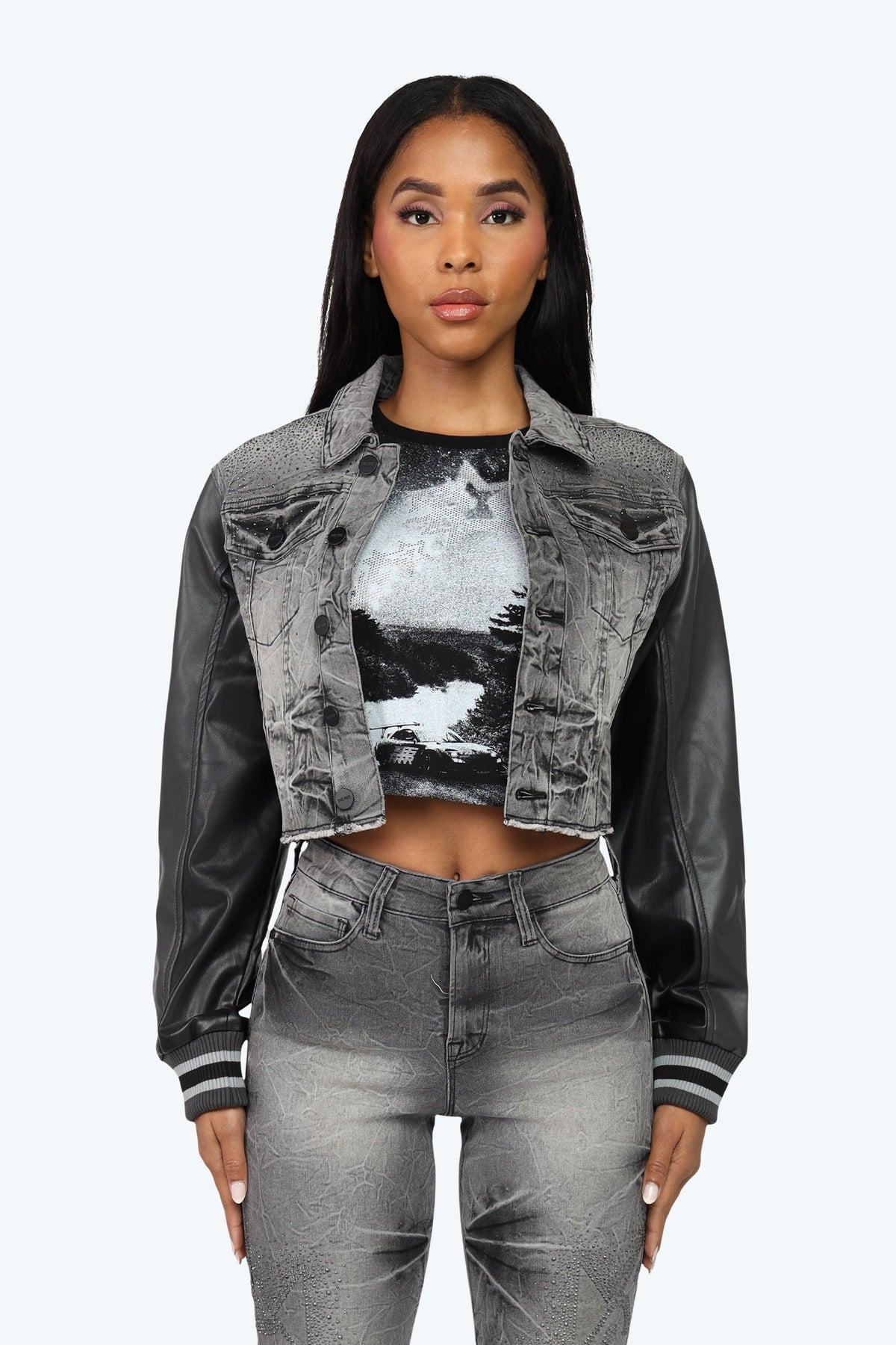 Smoke Rise Rhinestone Jean Trucker Jacket - Eris Grey