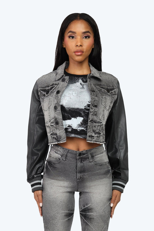 Smoke Rise Rhinestone Jean Trucker Jacket - Eris Grey