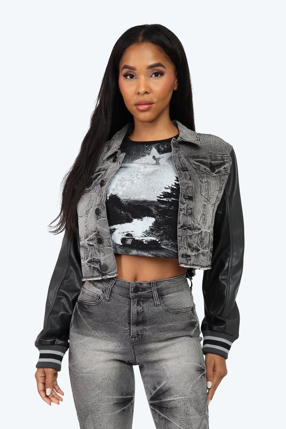 Smoke Rise Rhinestone Jean Trucker Jacket - Eris Grey - view 5