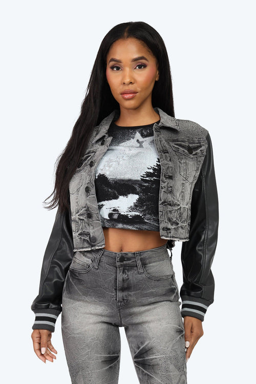Smoke Rise Rhinestone Jean Trucker Jacket - Eris Grey - view 5
