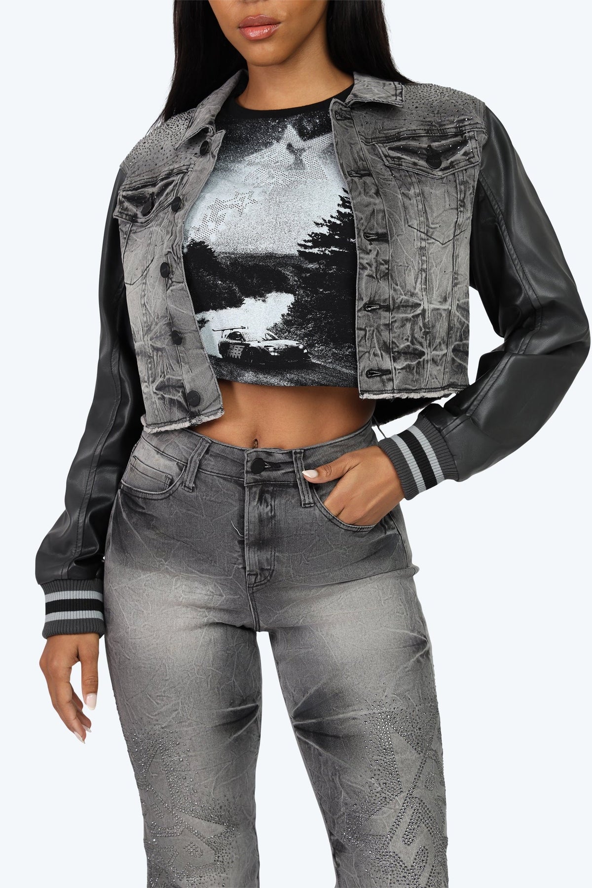 Smoke Rise Rhinestone Jean Trucker Jacket - Eris Grey - view 6
