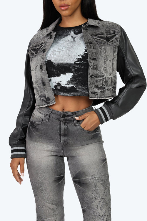 Smoke Rise Rhinestone Jean Trucker Jacket - Eris Grey - view 6
