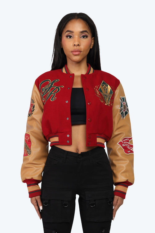 Smoke Rise Varsity Cropped Fit Jacket - Maroon