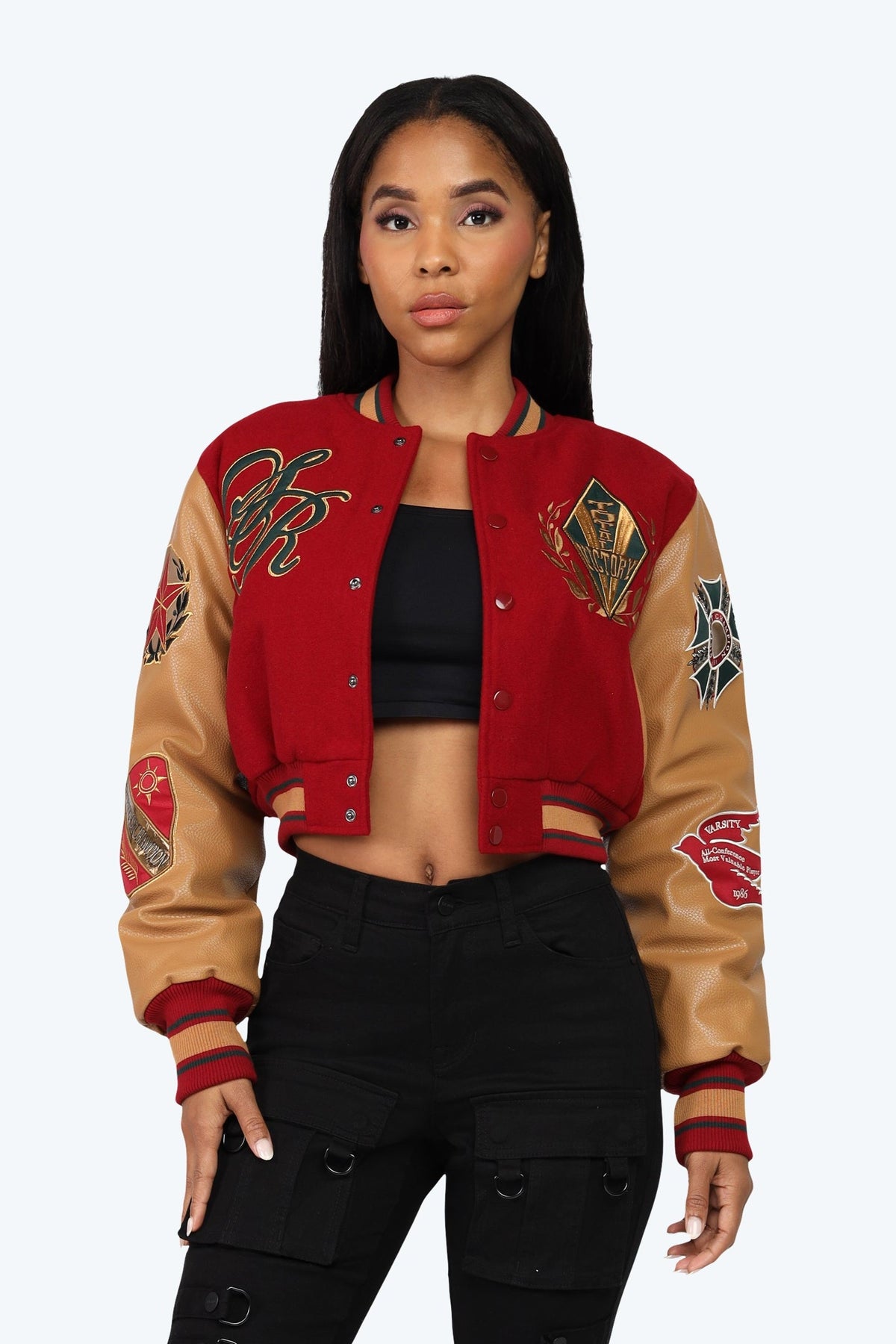 Smoke Rise Varsity Cropped Fit Jacket - Maroon - view 5