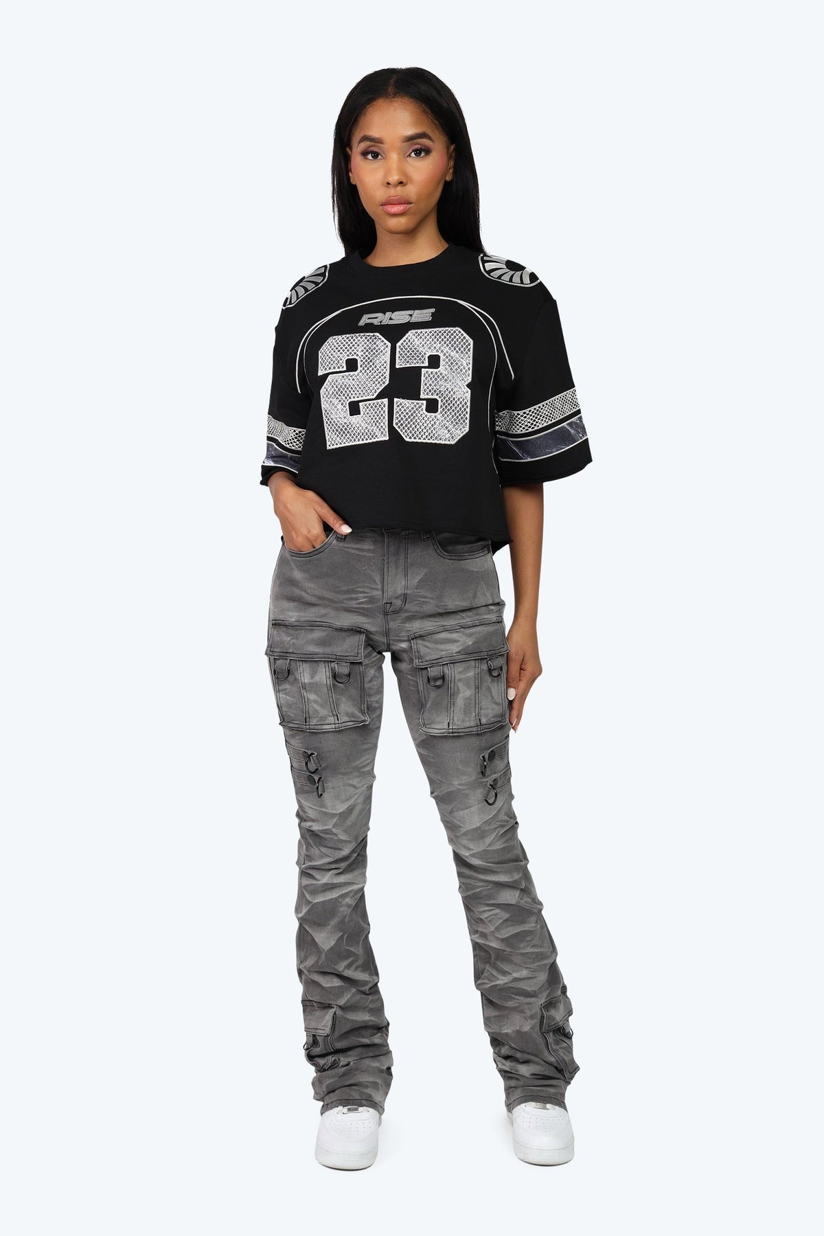 Smoke Rise High Rise Cargo Stack Jeans - Twinkle Grey