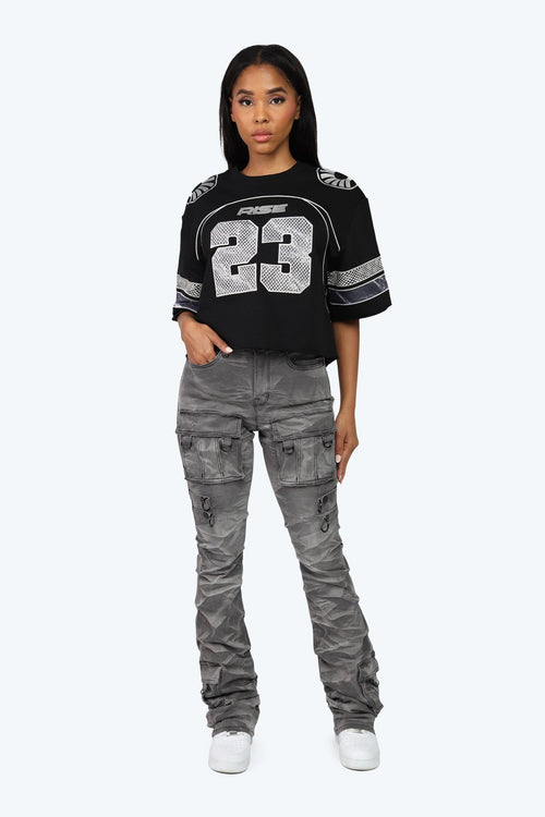 Smoke Rise High Rise Cargo Stack Jeans - Twinkle Grey