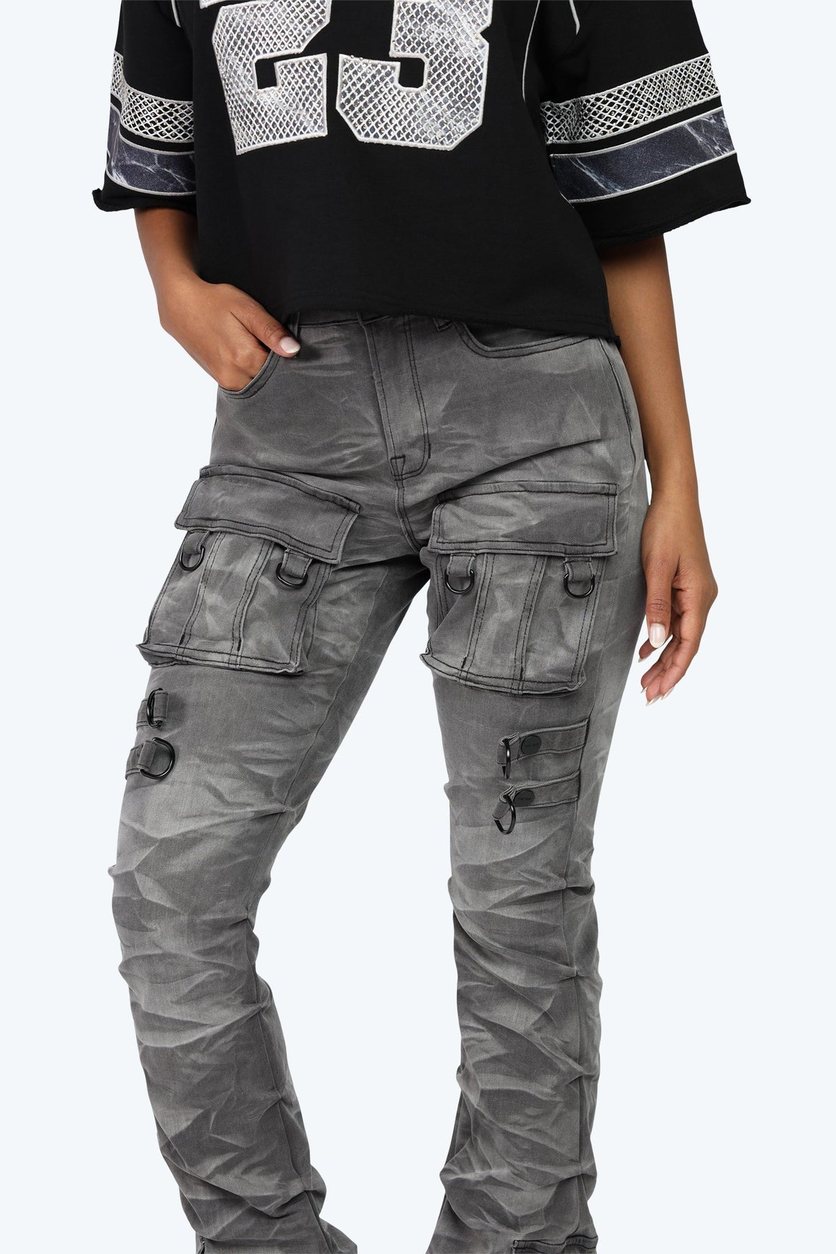 Smoke Rise High Rise Cargo Stack Jeans - Twinkle Grey - view 6