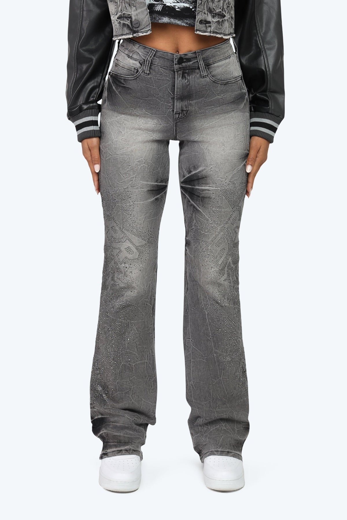 Smoke Rise High Rise Rhinestone Stacked Jeans - Eris Grey - view 2