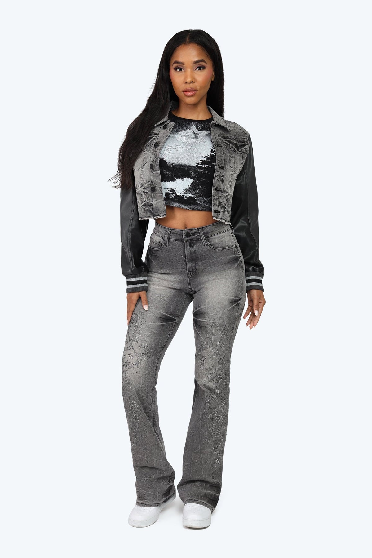 Smoke Rise High Rise Rhinestone Stacked Jeans - Eris Grey