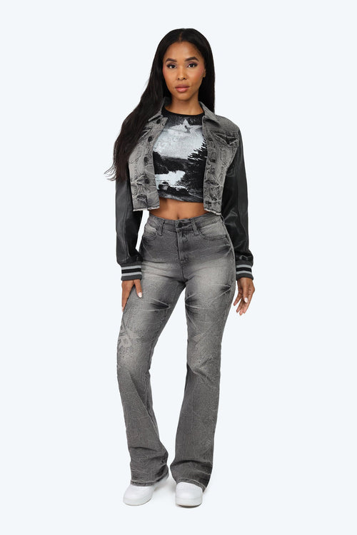 Smoke Rise High Rise Rhinestone Stacked Jeans - Eris Grey