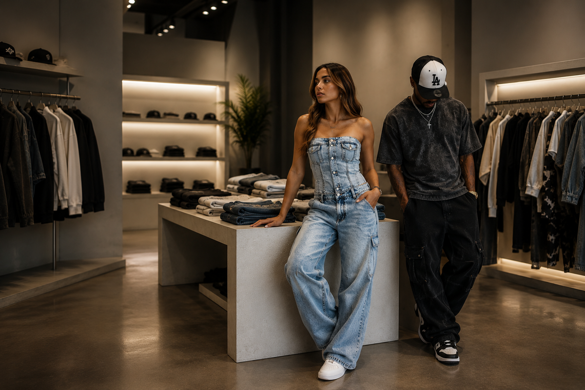 Two models in denim and black streetwear inside a clothing boutique