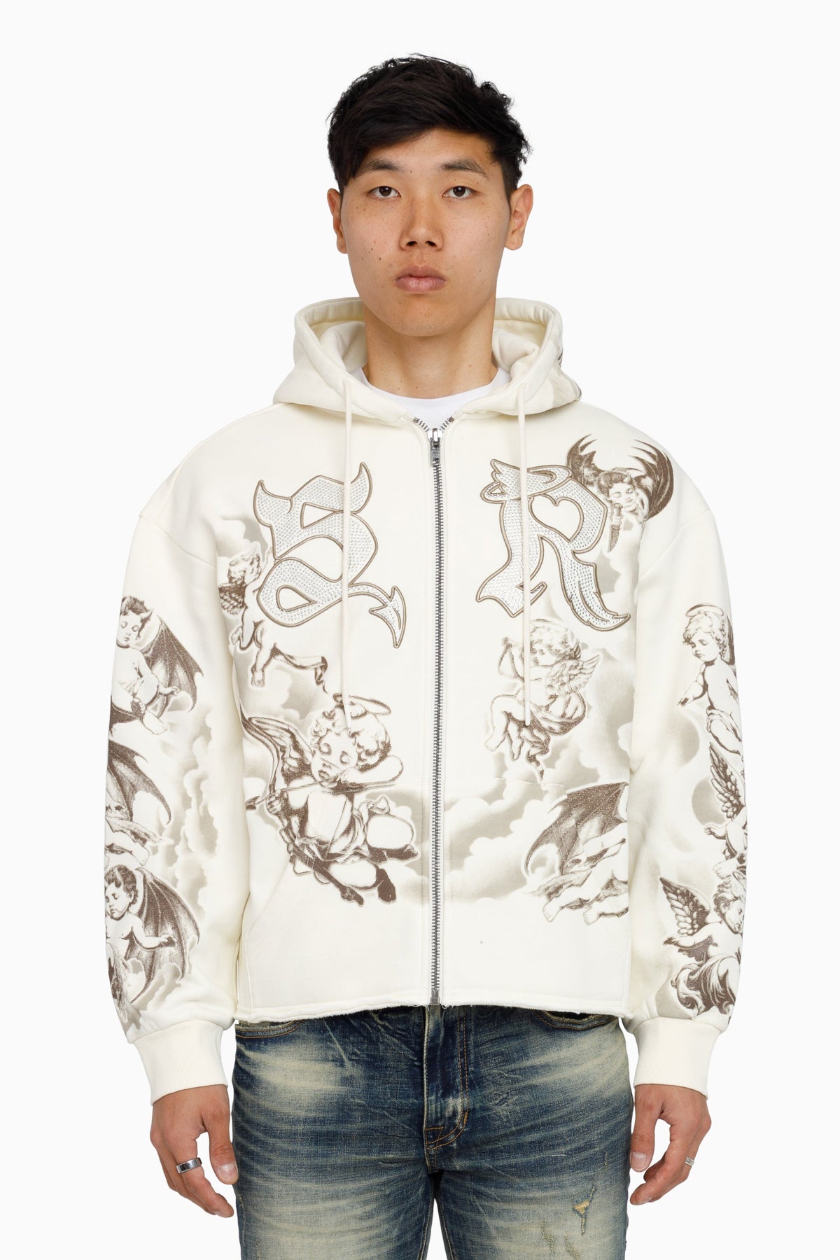 Smoke Rise Trouble In Peace Zip Up Hoodie - Ecru