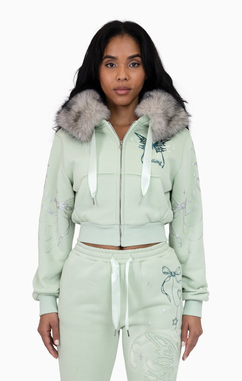 Smoke Rise Faux Fur Trim Zip-Up Hoodie - Frosty Green
