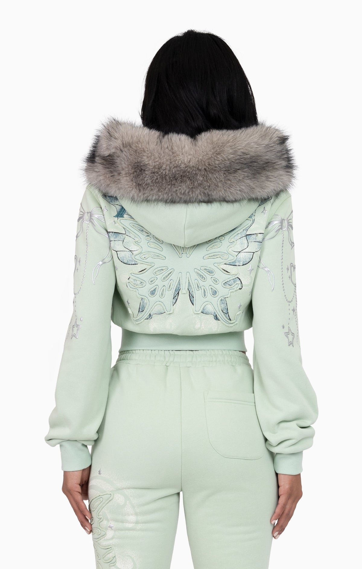 Smoke Rise Faux Fur Trim Zip-Up Hoodie - Frosty Green - view 3