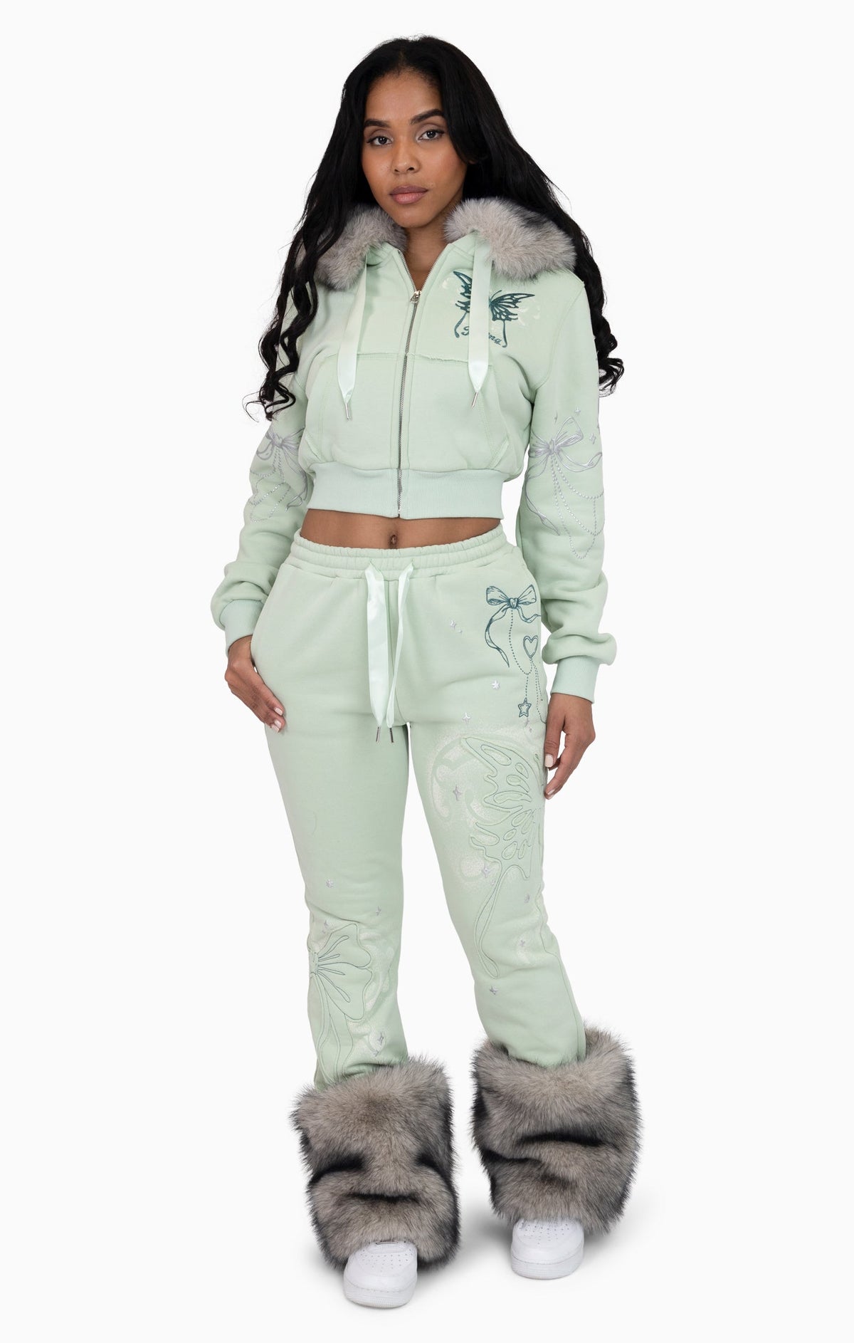 Smoke Rise Faux Fur Trim Zip-Up Hoodie - Frosty Green - view 4