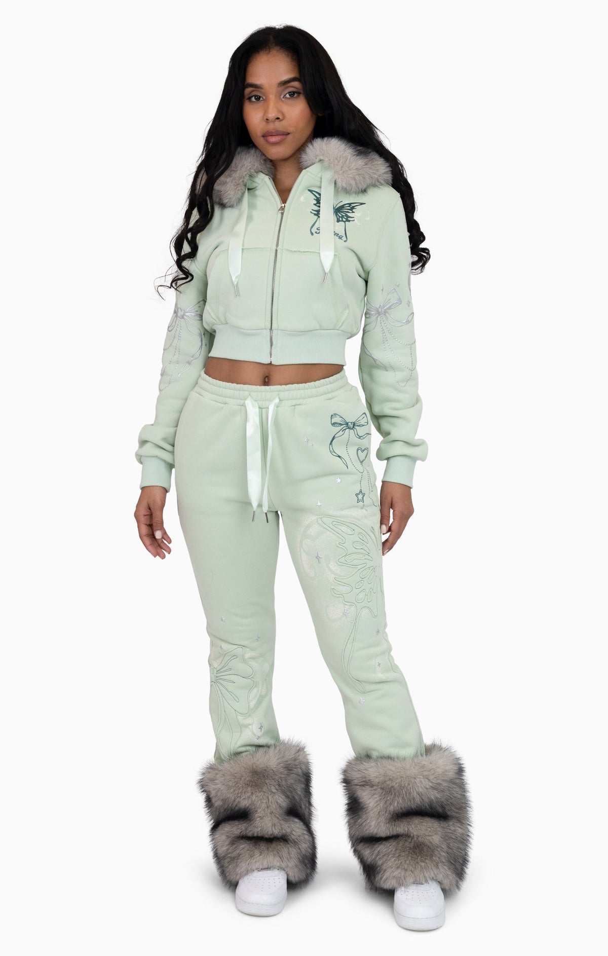 Smoke Rise Faux Fur Trim Zip-Up Hoodie - Frosty Green - view 5