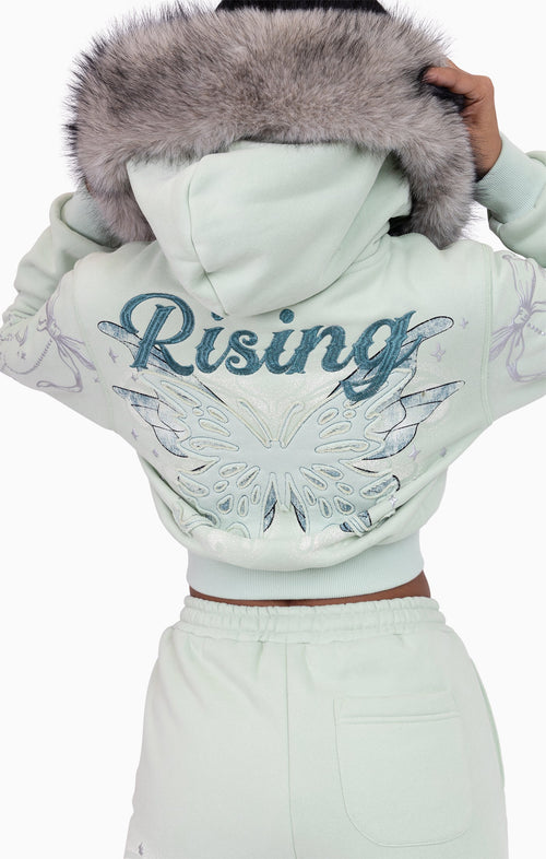Smoke Rise Faux Fur Trim Zip-Up Hoodie - Frosty Green - view 7