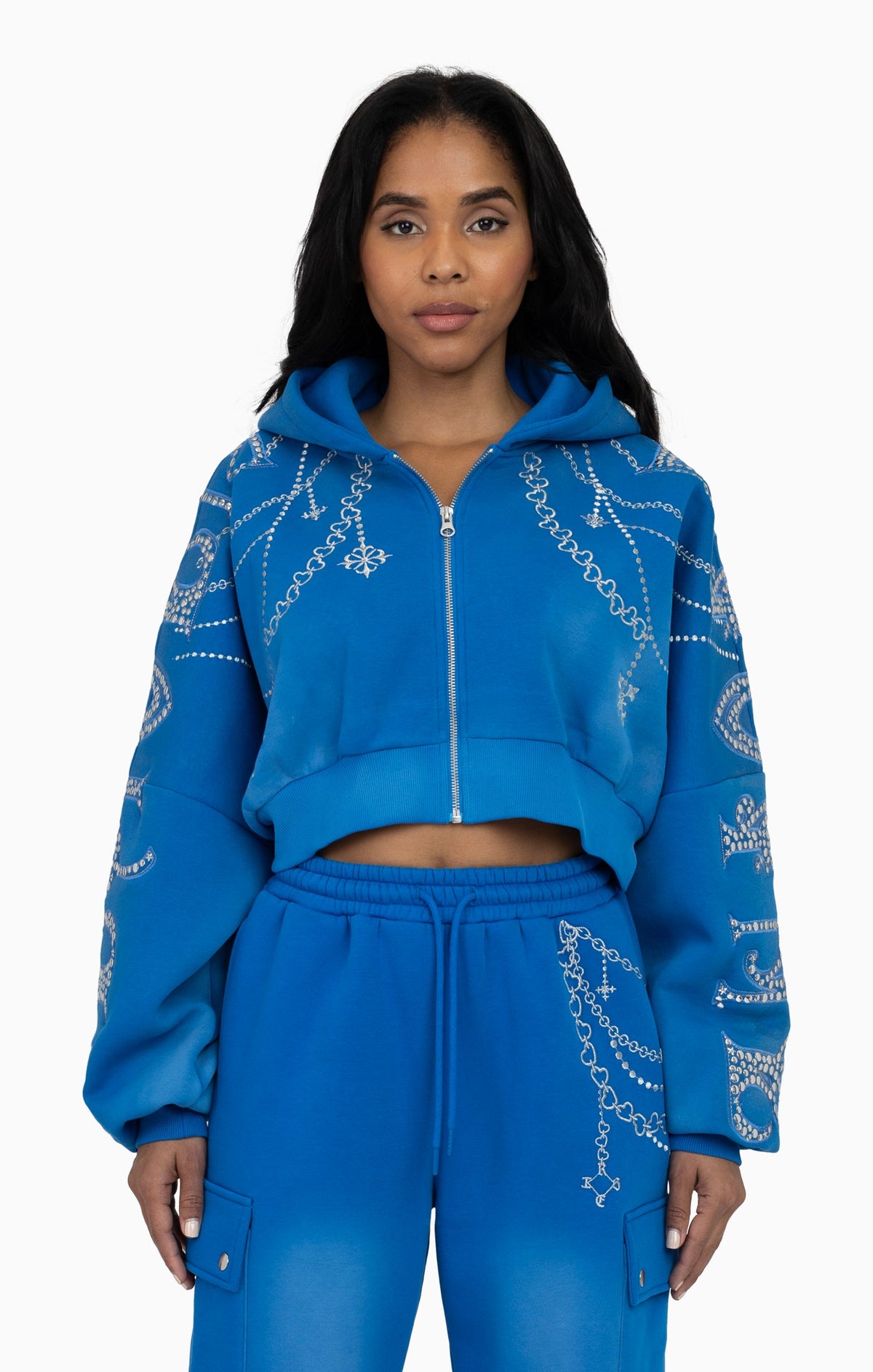 Smoke Rise Metallic Embroidered Studded Hoodie - Sky Diver